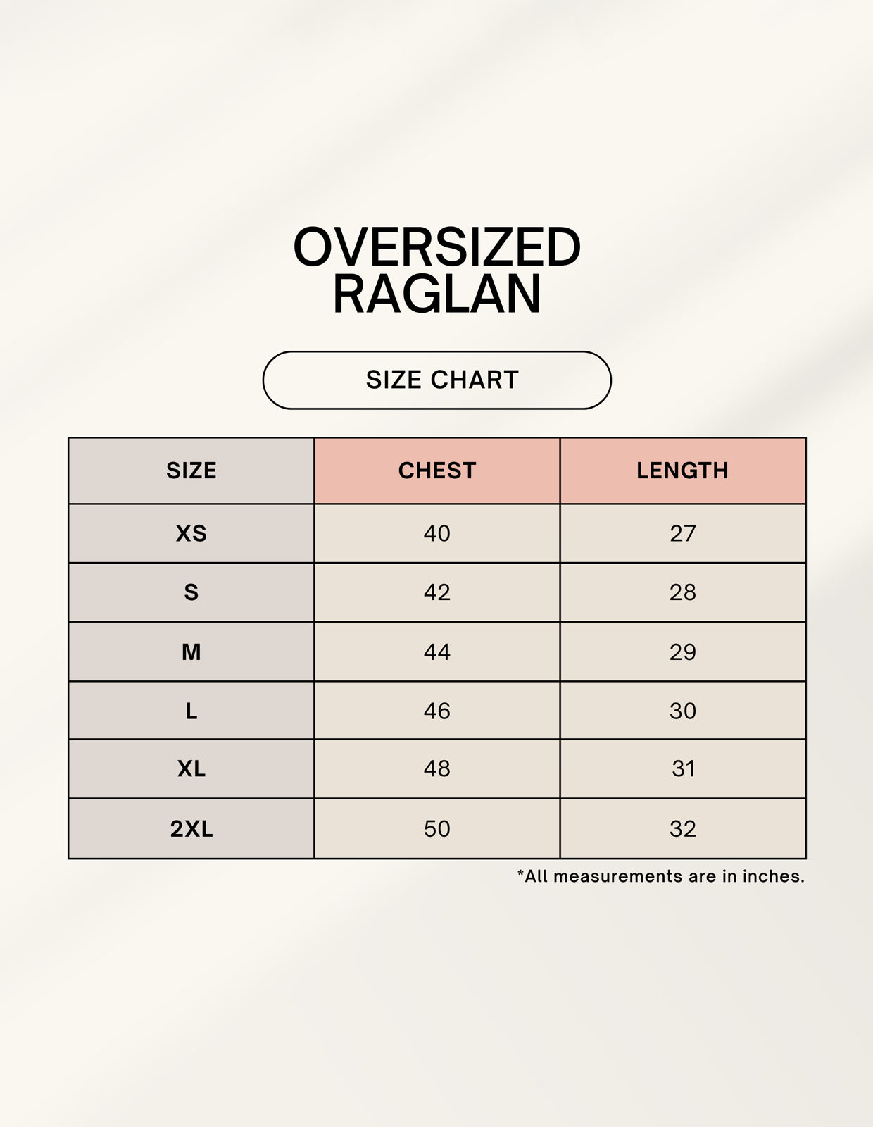 Winkly size chart for oversized raglan tshirt