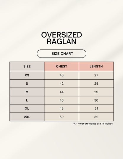 Winkly size chart for oversized raglan tshirt