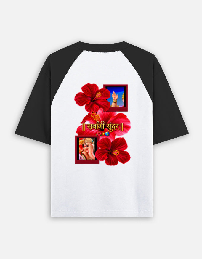 Ganpati oversized raglan tshirt back print detail - Jet Black Ivory White
