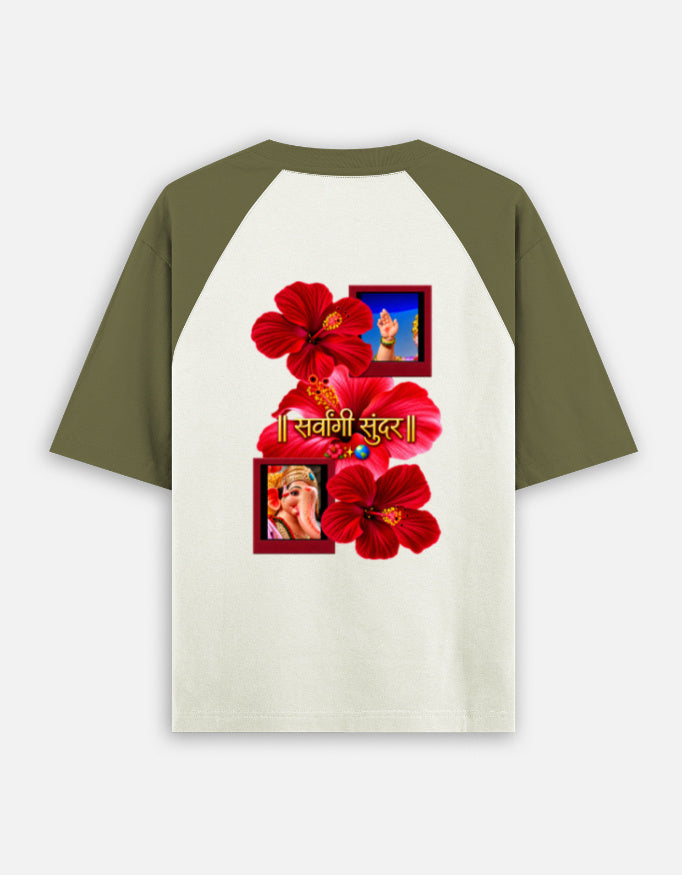 Ganpati oversized raglan tshirt back print detail - Olive Sage Cream Ivory