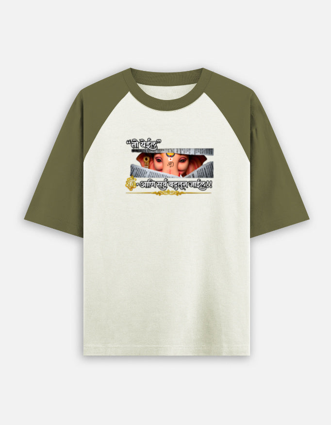 Ganpati oversized raglan tshirt front and back print - Olive Sage Cream Ivory