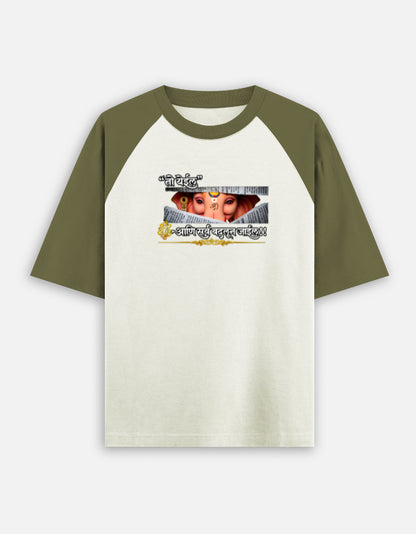 Ganpati oversized raglan tshirt front and back print - Olive Sage Cream Ivory